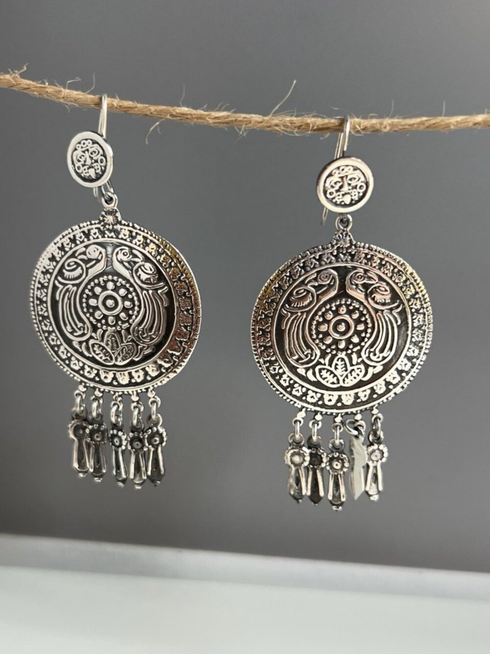Handcrafted 925 Sterling Silver Mazahua-Inspired Bird Medallion Dangle Earrings